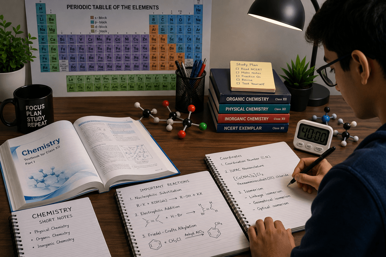 CBSE student studying Chemistry with NCERT and handwritten notes